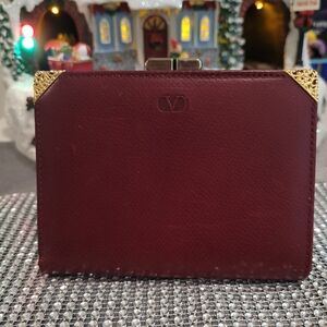 Vintage Valentino Garavani Red Grained Leather Wallet Gold Corners